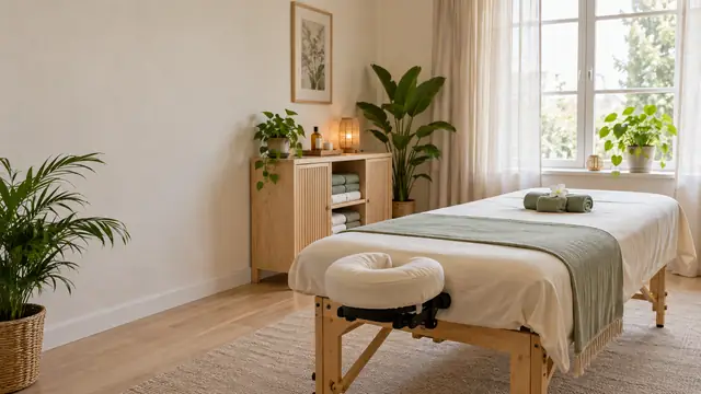Ljust behandlingsrum med massagebänk, salviagröna handdukar och stora fönster