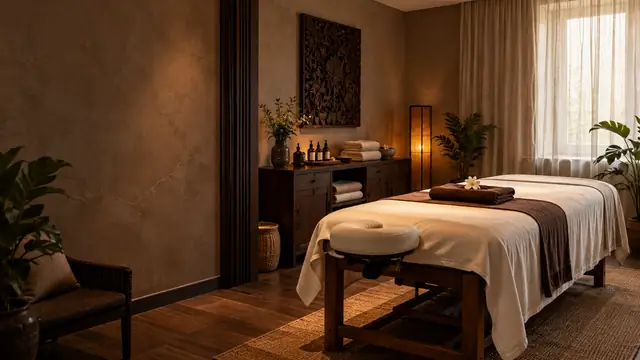 Dämpat upplyst spa-rum med massagebänk, mörka trämöbler och snidad väggdekor